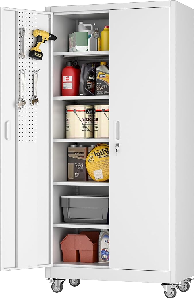 71" Metal Storage Cabinet with Wheels and Pegboard, Lockable Rolling Steel Storage Cabinet with 5 Adjustable Shelves and Door for Garage, Office, Kitchen, Assembly Required,White