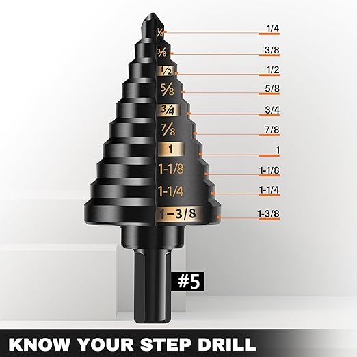 KSEIBI #5 HSS Step Drill Bit Set 1/4-1 3/8" with 3/8 Shank - Black Oxide Finish for Metal, Wood, Plastic Drilling - Durable, Precision Multi-Sized Bits with 3-Flat Shank 575055
