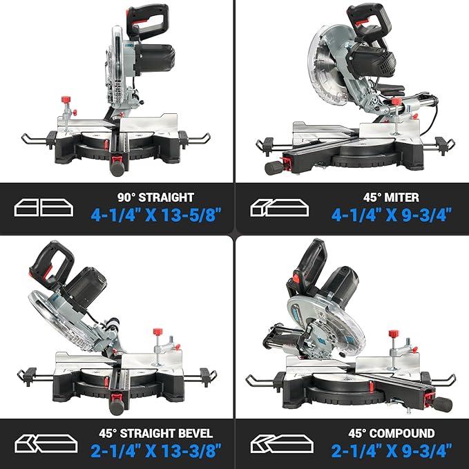 Sliding Compound Miter Saw, 15A 10", Bevel Cut (0°-45°) with Laser, Extension Table, Iron Blade Guard, Cutting Wood, PVC or Soft Metal