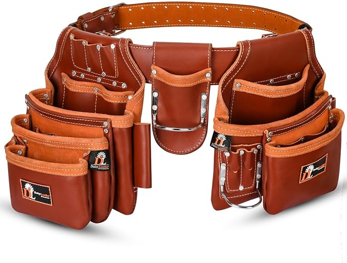 Daisy Leather Tool Belt Pro-202, 28 Pockets, Top Grain Leather, 2.5-inch Padded Belt, Fits 30-52 inch Waist, X-Large (Cherry, X-Large)