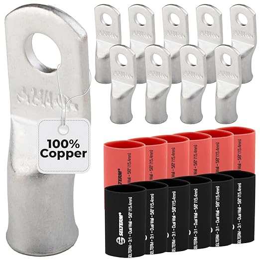 SELTERM 10pcs - 2 Awg - 1/4" Stud - Battery Lugs - Ring Terminal Connectors | with 12pcs 3:1 Black & Red Heat Shrink Tubing with Adhesive | Heavy Duty Battery Cable Ends - Tinned Copper Wire Lugs Kit
