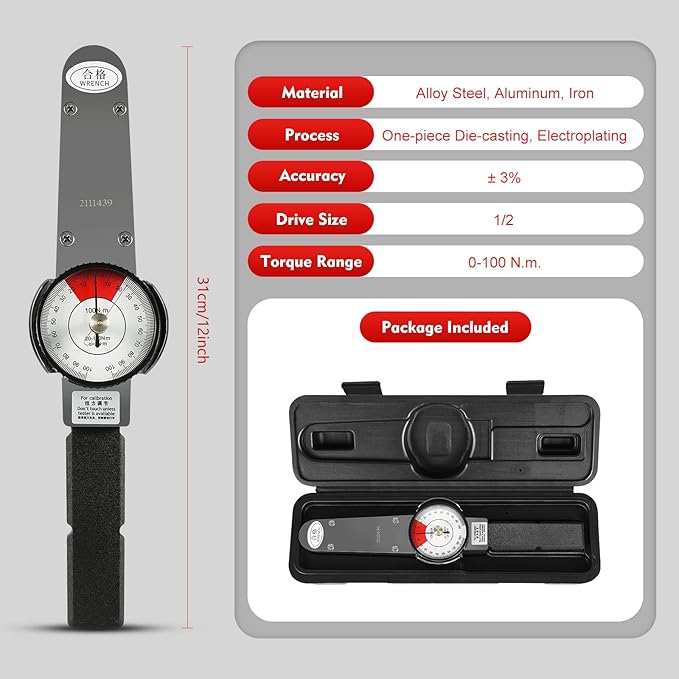 LOYALHEARTDY Dial Torque Wrench 0-100N.m Dial Indicator Torque Wrench Precision Torque Meter 1/2 Drive Indicating Torquemeter Torque Force Tester