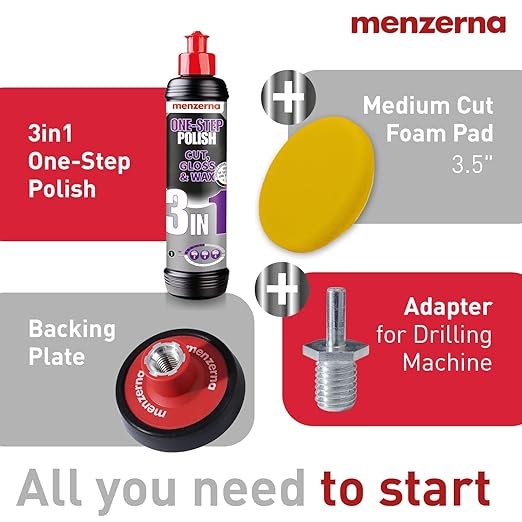 menzerna 3in1 Polishing Set – One-Step Polish + Drill Machine Adapter + Medium Cut Pad | Polish Your Car with a Cordless Drill
