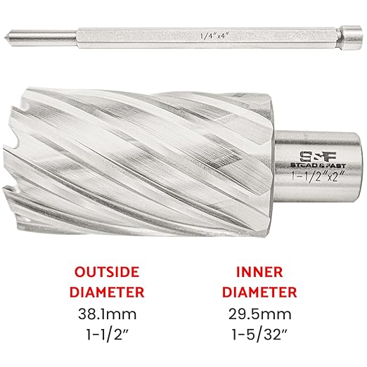 S&F STEAD & FAST HSS Annular Cutter 1-1/2" Diameter 2" Cutting Depth, Mag Drill Bits with Pilot Pin for Magnetic Drill Press
