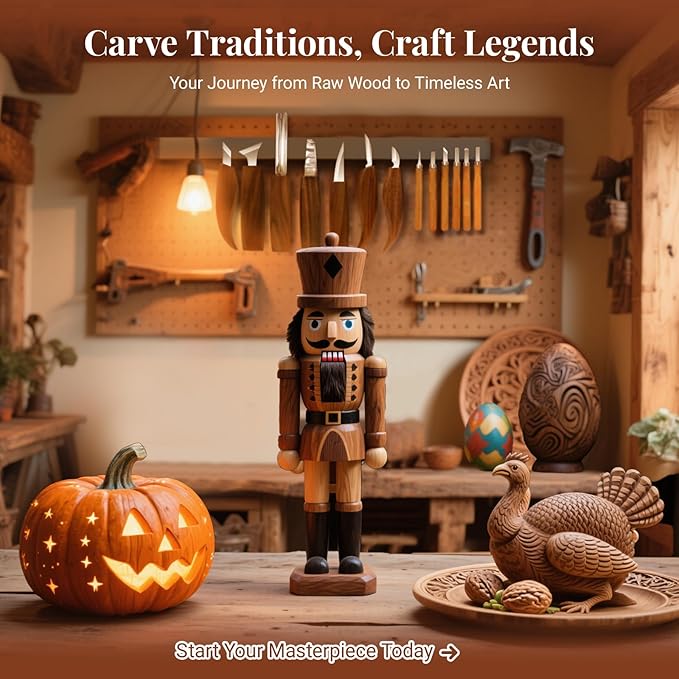 Wood Carving Kit for Adults & Beginners - 29-Piece Professional Set with Leather Tool Roll, 7 Whittling Knives + 6 Detail Gouges, Splinter-Free Wooden Handles for Woodworking & DIY Gifts