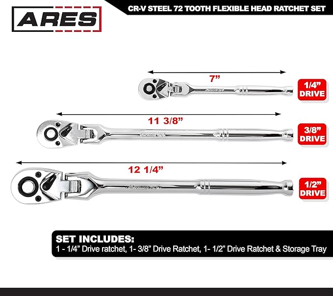 ARES 42028 - Flex Head Ratchet Set - 3-Piece 72-Tooth Ratchet - Premium Chrome Vanadium Steel Construction & Chrome Plated Finish - 72-Tooth Quick Release Reversible Design with 5 Degree Swing