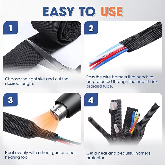 2:1 Heat shrinkable Braided Sleeving Fabric Wire Loom High Temp Heat Shrink Wiring Harness Abrasion Protector Cable Sleeve(1/2"-15ft)