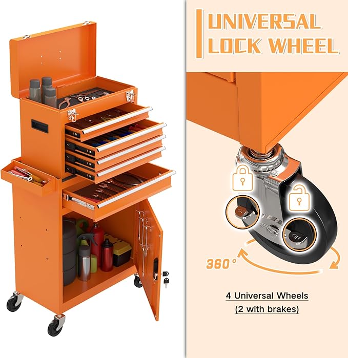 5-Drawer Rolling Tool Chest,Garage Storage Tool Box with Wheels,Lockable and Detachable Tool Cabinet,Heavy Duty Metal Tool Cart with Wheels for Garage,Warehouse,Workshop (Orange)