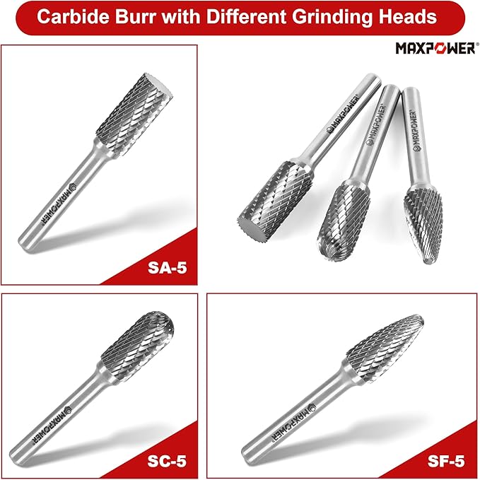 MAXPOWER 1/4" Carbide Burr Set, 3-Piece Rotary Burrs, Double Cutting burrs Rotary File for Metal and Woodworking Drilling, Carving, Polishing, Engraving