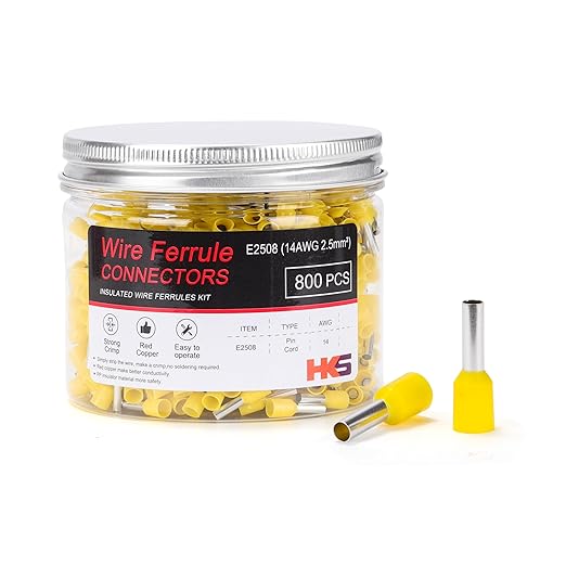 HKS 800PCS Wire Ferrule Connectors - AWG 14-2.5mm² Copper Barrel Pin Cord Ends Insulated Ferrules Terminals - E2508 Yellow