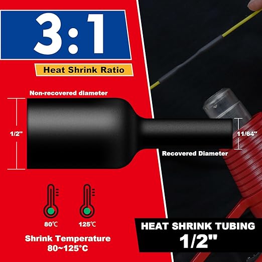 1/2" Heat Shrink Tubing, 32.8 Feet Roll Industry Marine Grade 3:1 Shrink Ratio Shrink tubing, Adhesive Lined Heat Shrink Tube, 1/2 Waterproof Shrink Tube for Wires Home Marine Automotive-Black