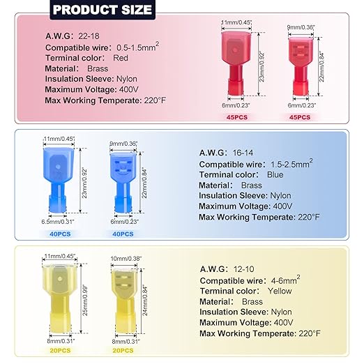 Twidec/210PCS Nylon Spade Connectors Kit 22-10 Gauge Male and Female Wire Spade Terminal Quick Disconnect Fully Insulated Wire Crimp Connector for Automotive Marine