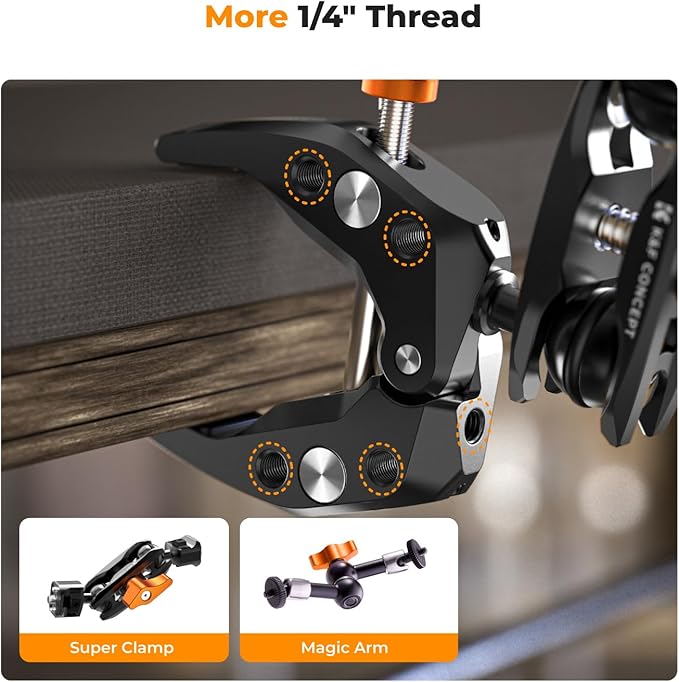 K&F Concept Camera Clamp Mount, Super Clamp Mount Magic Arm with Two 360° Ball Heads, 1/4" Screw Threads for ARRI Compatible with DSLR, Action Camera, Tripod, Phone for Gopro/Insta360