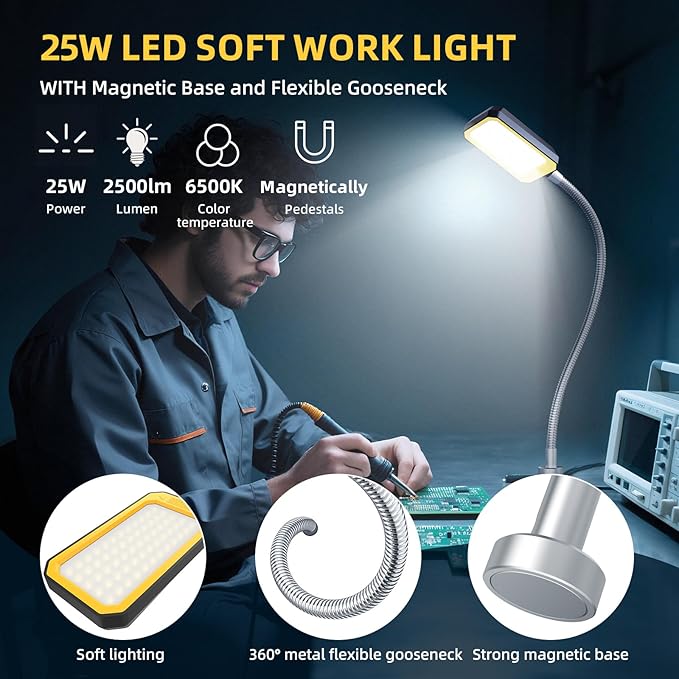 Magnetic Work Light, LED Machine Light with Flexible Gooseneck and Magnetic Base,25W 120 Volt Machine Light for Lathe,Work Bench, Sewing Machine, Workbench Industrial Lighting (25W Round Magnet)