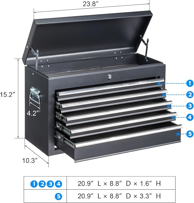 Winado 24" Portable Tool Box, 5 Drawers & Top Storage Tray Tool Box with Drawers, Lockable Metal Tool Chest Cabinet for Garage, Warehouse, Repair Shop & Home