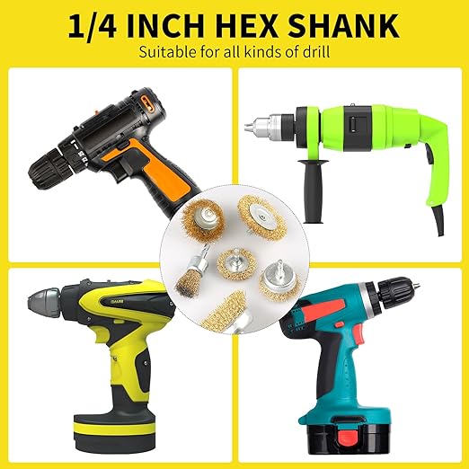 30 Pack Wire Brush Wheel for Drill, Brass Wire Brush for Drill, 1/4 Inch Hex Shank, Wire Brush Drill Bit, Wire Cup Brush for Rust Removal, Wire Brush Drill Attachments