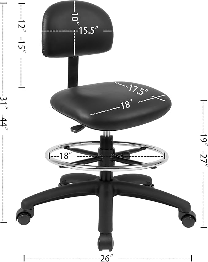 Chair Master FSS Series Square seat (19"-27") seat Height Chair. Vinyl-for Office, Garage, Desk, Shop, Computer, Doctor, Medical, Easy to Clean! 18" Footring (Black, Mid Stool, Self Braking Casters)