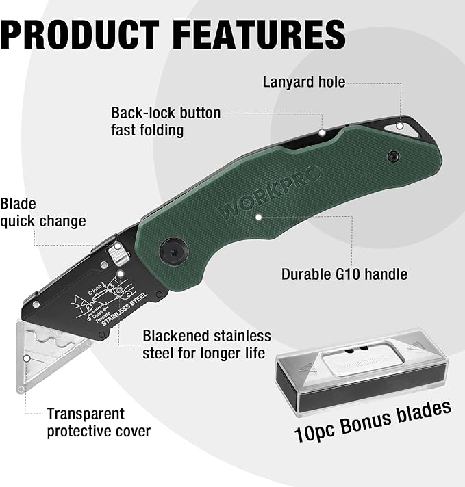WORKPRO Folding Utility Knife G10 Handle with Stainless Steel Head, Quick-change Blade & Back Lock, Heavy Duty Box Cutter, 1PC Razor Knife with Extra 10PC SK5 Blades