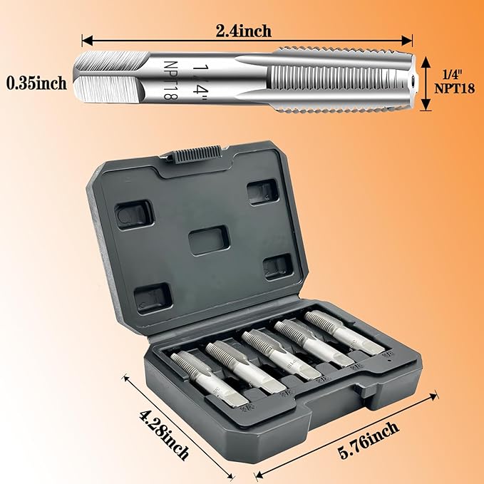 5-Piece NPT Pipe Tap Set, Precision Carbon Steel NPT Tap Thread Cutting Brill Bits Set for Clean Accurate Threads, 1/4" NPT Tap, Perfect for Plumbers Mechanics DIYers, with Durable Plastic Case.