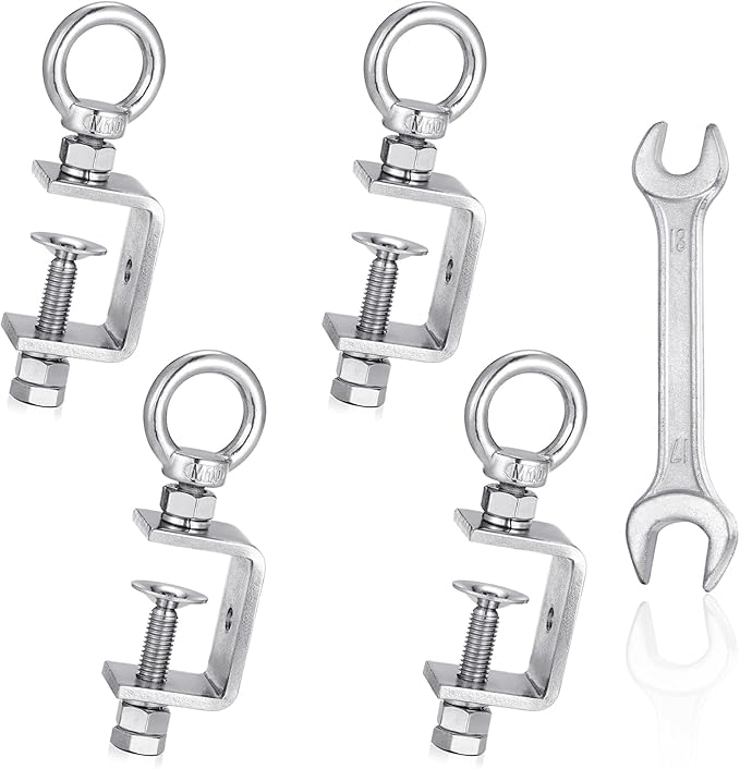 4-Pack Small C Clamps – 304 Stainless Steel Beam Clamps with M10 Screw Ring | Adjustable, Rust-Resistant I Beam Clamps for Ring Beams, Welding, Woodworking, Plants & Desk Use. Wide Jaw Openings (45MM)
