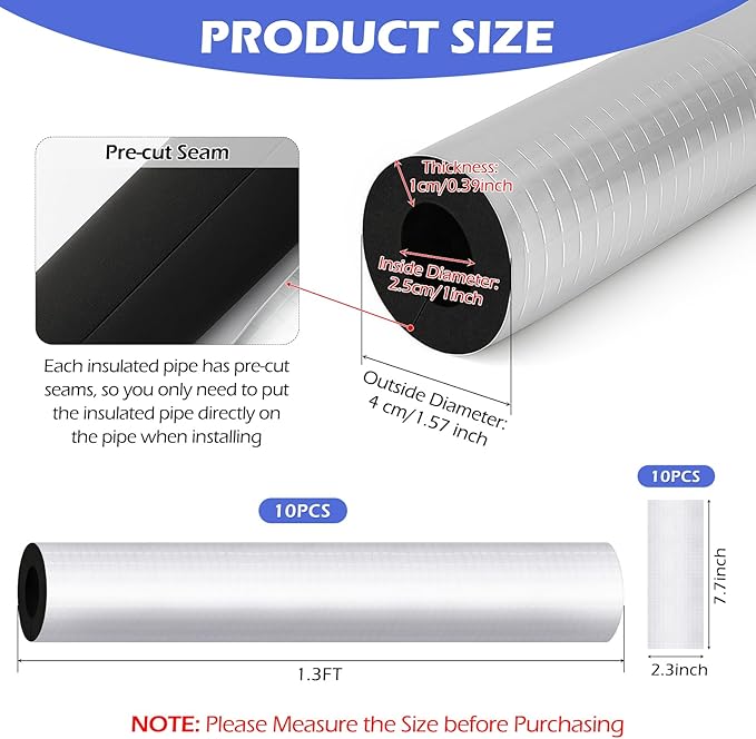 10 Pack Self-Adhesive Pipe Insulation Sleeve, Pre-Slit Foam Tube with Aluminum Foil Cover for Winter, Spigot, Sprinkler, Water Heater Pipes, Scratch-Proof and Non-Corrosive (Silver, 1.3 Ft x1Inch)