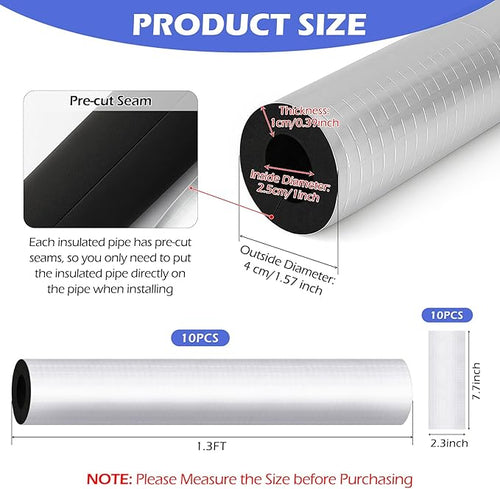 10 Pack Self-Adhesive Pipe Insulation Sleeve, Pre-Slit Foam Tube with Aluminum Foil Cover for Winter, Spigot, Sprinkler, Water Heater Pipes, Scratch-Proof and Non-Corrosive (Silver, 1.3 Ft x1Inch)