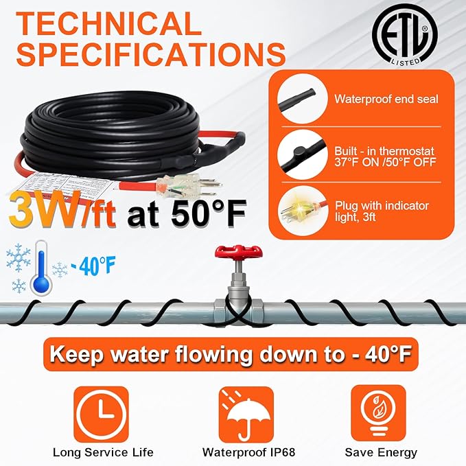 Reliable Pipe Heat Cable for Pipe Freeze Protection, Self-Regulating Pipe Heating Tape for Metal and Plastic Home Pipes, Energy-Saving Heat Tape for Pipes Keeps Water Flowing, 90Ft, 120V
