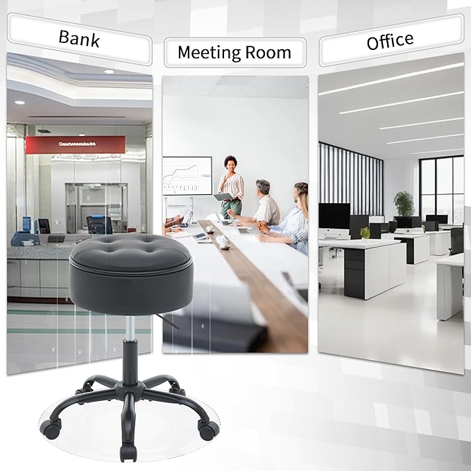 Drafting Chair with Storage, Adjustable Leather Drafting Stool 20.67"-24.61", Black Rolling Office Stool