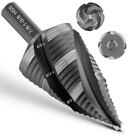 Four Spiral Flute Step Drill Bit, HSS Step Drill Bit 3/16"-1-3/8" (19 Steps) Unibit Step Drill Bit, 1/4" Shank Step Bits for Aluminum, Wood, Plastic, Metal