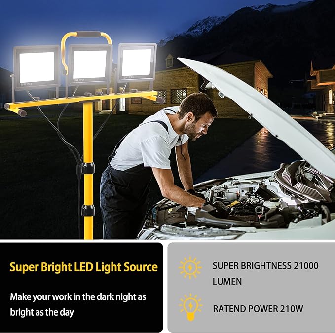 21000 Lumen Work Lights with Stand, 2 Adjustable Head LED Work Light, with Adjustable and Foldable Tripod Stand, Waterproof Lamp with Individual Switch with 6500 Kelvin Color Temperature