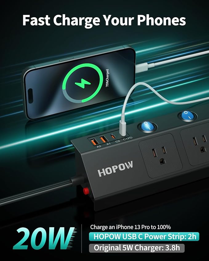 Flat Plug Power Strip with Individual Switches, 10 Ft Ultra Thin Flat Extension Cord, 5-Outlet Surge Protector with 2 USB-C (20W PD) & 2 USB-A, 1700 Joules, Wall Mount for Home Office, Black