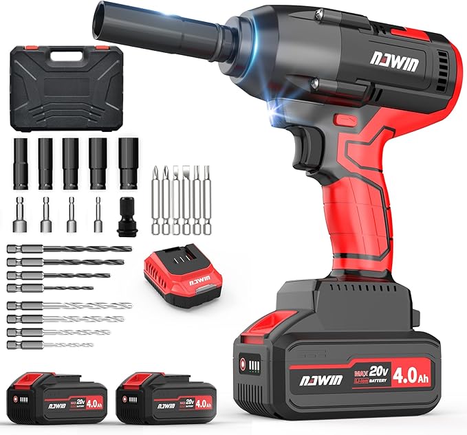 NAWIN Cordless Impact Wrench, 1/2 Impact Gun,450 ft-lbs (600N.m),Brushless Motor, 2×4.0Ah Battery,Electric Impact Wrench for Car Home,Sockets Kit, Fast Charger