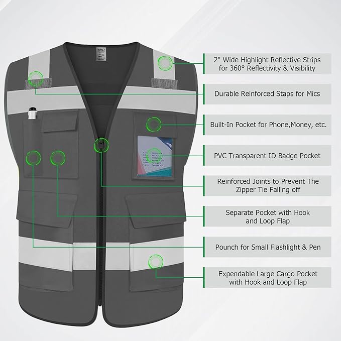 TCCFCCT Construction Vest 5 Pockets Reflective Safety Vest for Men Women, High Visibility Work Vest with Tabs for Walkie-talkie, Durable to Use, Meets ANSI/ISEA, Grey, S