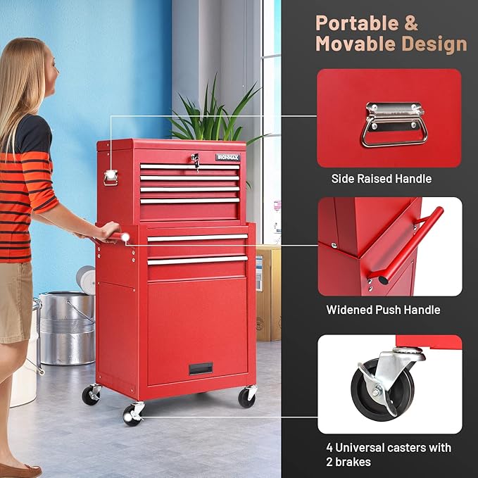 S AFSTAR 6-Drawer Rolling Tool Chest, High Capacity Tool Storage Cabinet with 4 Hooks, Locking System and Universal Wheels, 2-in-1 Detachable Large Toolbox for Garage Workshop (Red)