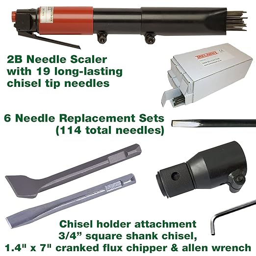 CS Unitec | 2B Chisel Scaler Basic Kit | 19 Needle Air Chisel | 6 Sets |Professional Grade Inline Grip | Air Power 5.5 CFM -121.2099 Chisel Basic Kit