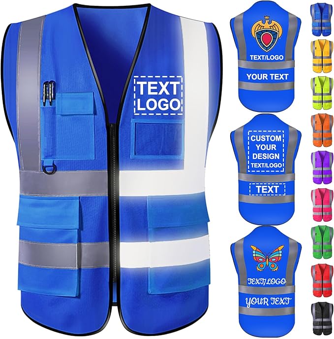 Custom Safety Vest with Logo for Men Women Personalized Class 2 High Visibility Reflective Vests with Pockets Zipper(S-5XL)