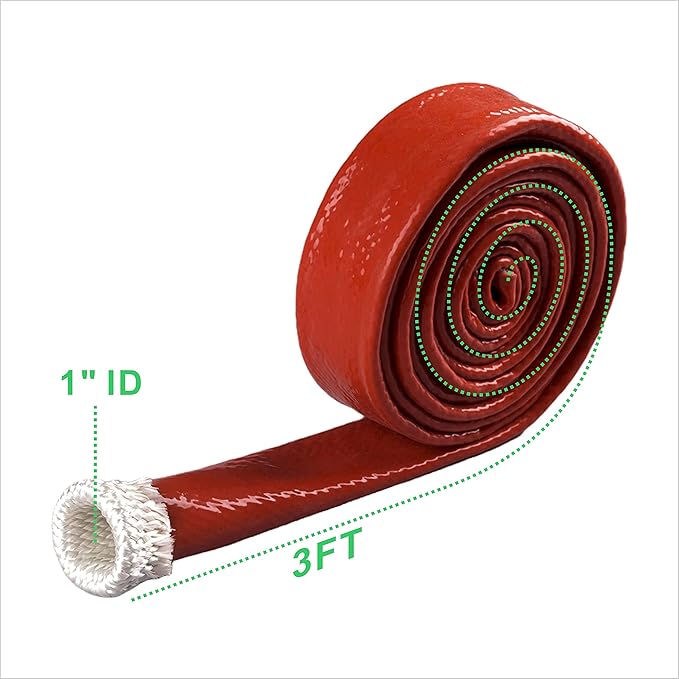 Insulation Heat Shielded Fire Thermo Armor Fire Sleeve Silicone Coated Fiberglass Heat Protection for Automotive Hose Lines & Electrical Wiring-（Red 1" ID x3.3FT）