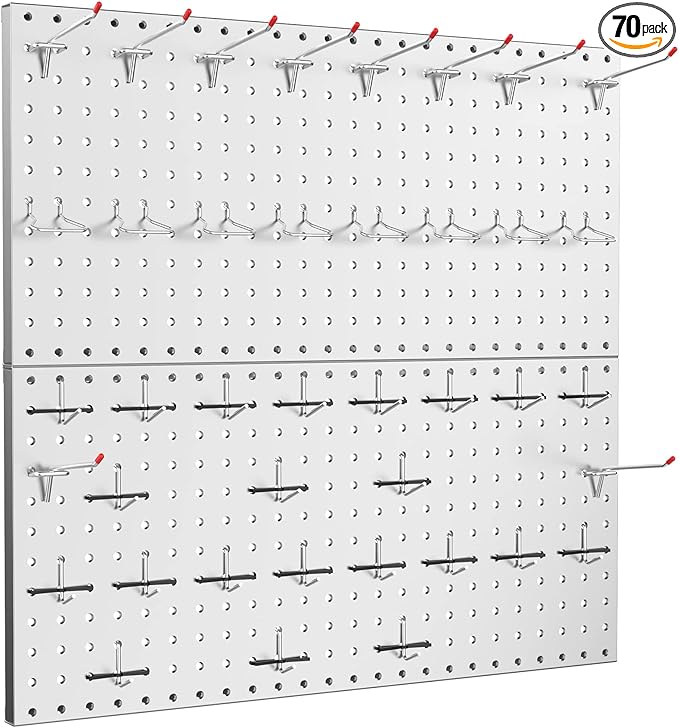 TORACK Metal Pegboard Wall Organizer 24" x 24" or 12" x 48", 70PCS Tools Storage Pegboard for Garage Peg Board Tool Organizer Board with Hooks for Workbench(Grey)