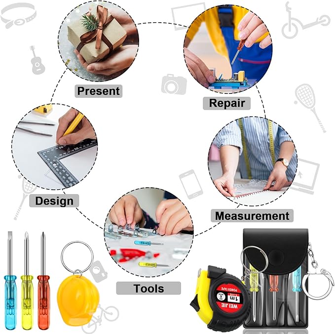 288 Pcs Mini Tape Screwdriver Keychain Set Christmas Men Gifts Bulk Adult Party Favors Multitool Pen Card Tool Measuring Keychains Stocking Christmas Stuffers for Men Dad (Multicolor)