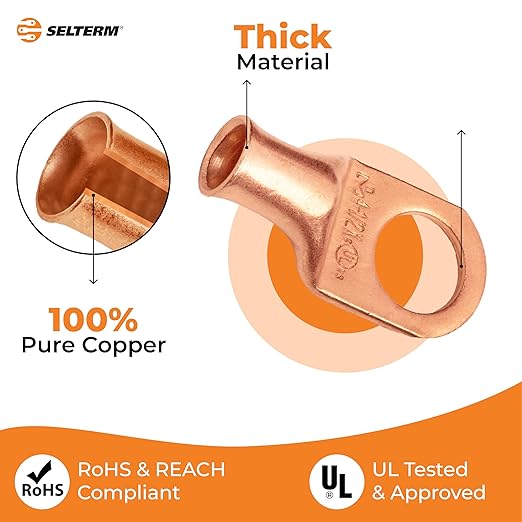 SELTERM 25pcs 4 AWG 1/2" Stud Battery Lugs, Ring Terminals, Heavy Duty Copper Wire Lugs, Battery Cable Ends, 4 Guage Ring Terminal Connectors, UL Bare Copper Eyelets Electrical Battery Cable Lugs