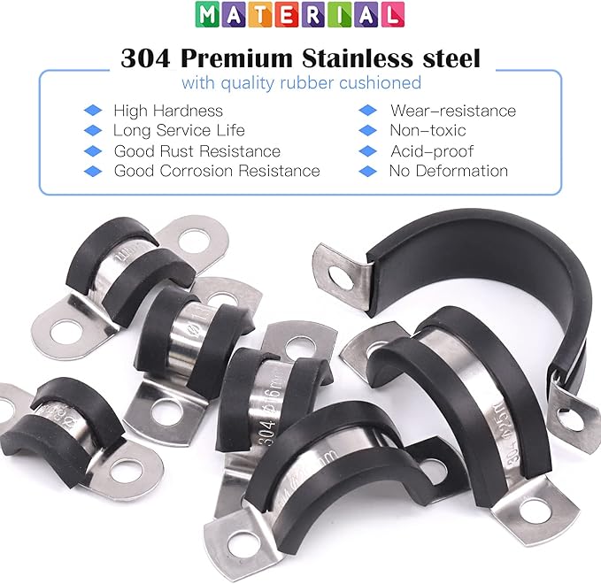 Glarks 16Pcs 12MM 2 Hole U-Tube Strap Clamp Set - 304 Stainless Steel Rubber Cushion Rigid Pipe Strap U Bracket Assortment Kit For Pipe Fixing