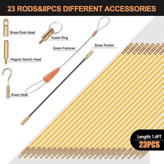 32.2FT Fiberglass Running Electrical Wire Cable Glow Rods Wire Pulling, Fish Rods Electrical Kit with 6 Different Attachments and Fish Tape Wire Puller Kit (Yellow)