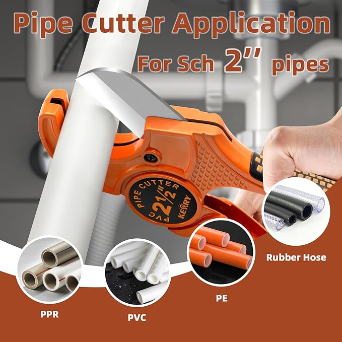 Kerry PVC Pipe Cutter, Up to 2-1/2" O.D. Ratcheting Heavy-Duty PEX POLY PE Plastic Hoses and Plumbing Tube Cutting Tool, Stainless Steel Blades, Thicken Aluminum Body Efficient Extended Handle