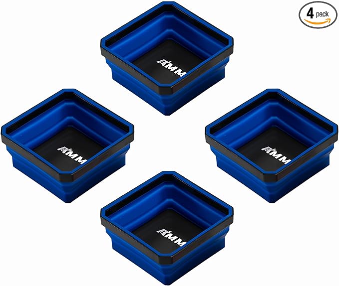 AMM Magnetic Tray, 4PC Foldable Magnetic Tool Tray Set for Bolts Screws Nuts & Small Metal Parts, Mechanic Tool Present for Men, 4.5 Inch Square (4PC, Blue)