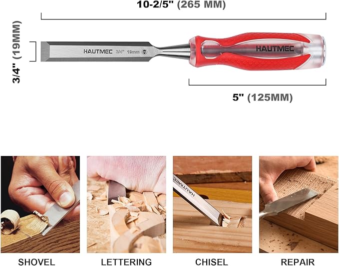 HAUTMEC 3/4" Wood Chisel – High-Impact Drop-Forged CRV Steel, Fully Polished Beveled Edge Blades, Heavy-Duty Strike Cap & Extended Anti-Skid Handle – HT0361