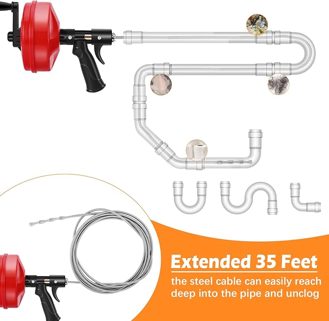 35 FT Drain Snake 2.0 with Double Mode, 10-In-1 Drain Auger for Sink and Drain Unblocking, Plumbing Snake for Real DYIs (Frosted Red)