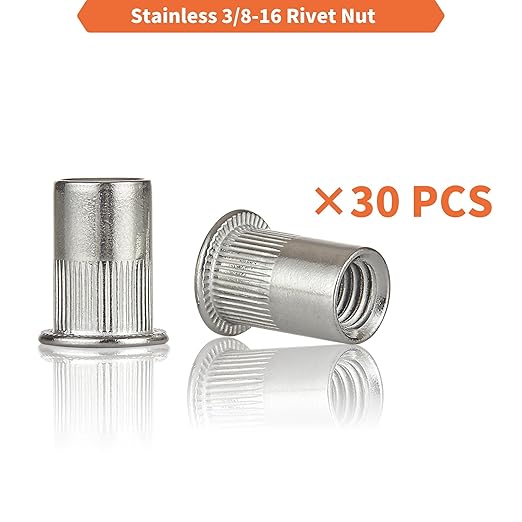 Rivet Nut Installation Tool Set Flat Head Rivnut Threaded Insert Nut Kit SAE & Metric for Metal Heavy Duty Zinc Plated Nutsert (3/8-16(Rivet Nut-30pcs, Stainless))