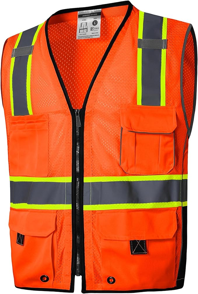 SKSAFETY 10 Pockets Professional level Safety Vest, Class 2 High Visibility Security Vest with Zipper, Hi Vis Vest with Reflective Strips, ANSI/ISEA Standard, Construction Work Vest（Orange, 4XL）