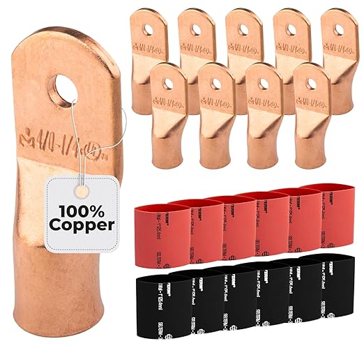 SELTERM 10pcs - 4/0 Awg - 1/4" Stud - Battery Lugs - Ring Terminal Connectors | with 12pcs 3:1 Black & Red Heat Shrink Tubing with Adhesive | Heavy Duty Battery Cable Ends - Bare Copper Wire Lugs Kit