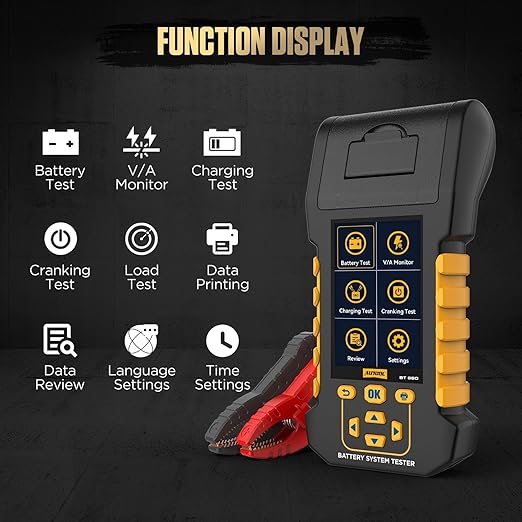 AUTOOL Car Battery Tester 12V 24V Automotive Battery Load Tester with Printer 20-2000CCA Alternator Tester, Cranking & Charging & Leakage Test, 3.2" Screen with Data Review Reverse Polarity Protection